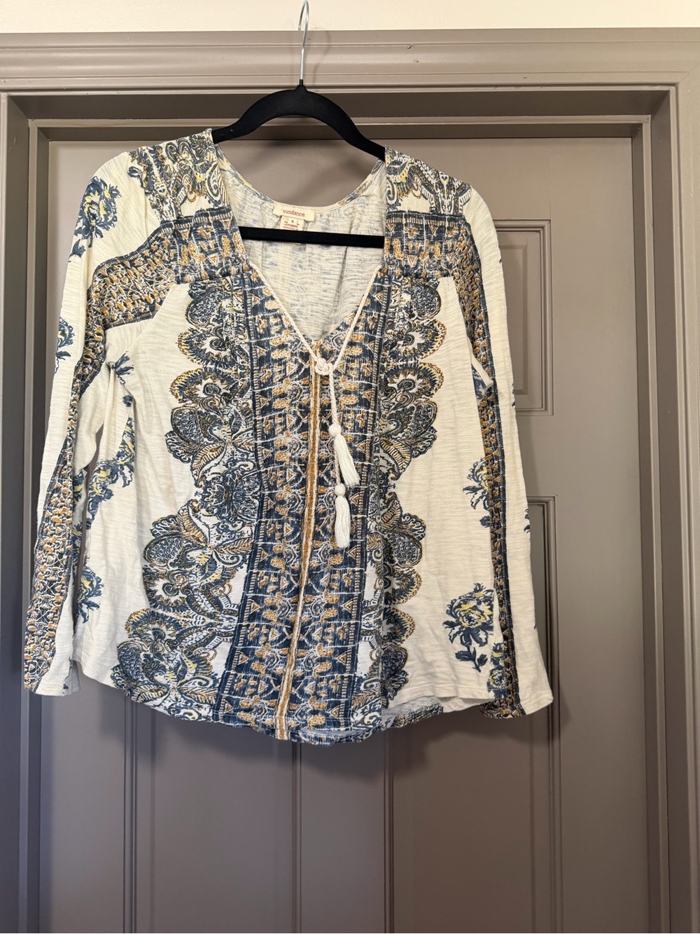 Sundance Cream & Blue Paisley Tassel V-Neck Peasant Blouse size S